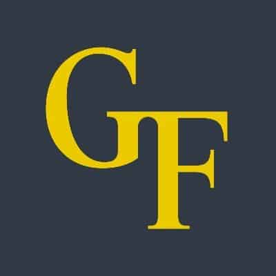 Yellow, uppercase letters "G" and "F" overlap on a dark blue background, with the "G" placed slightly above and to the left of the "F".