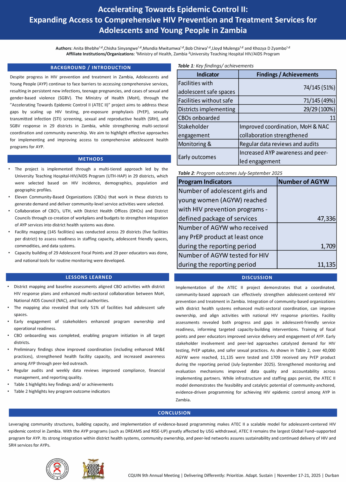 A research poster outlines efforts to expand HIV prevention and treatment for adolescents in Zambia, including background, methods, results, tables, graphs, and key findings in blue and white color blocks.