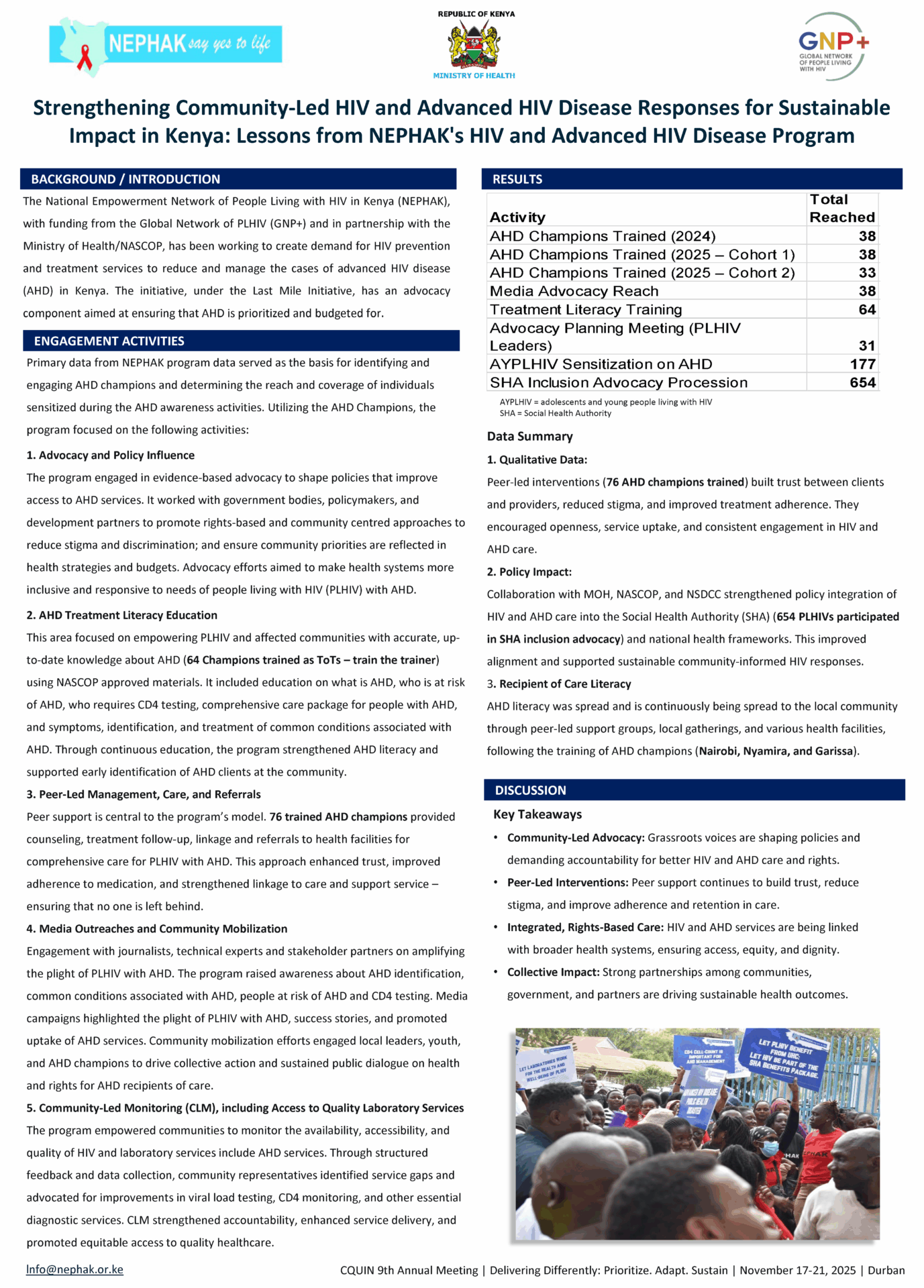 Informational poster about NEPHAK’s HIV and advanced HIV disease program in Kenya, featuring program background, engagement activities, achievements, lessons learned, partnerships, and a photo of people gathering outdoors with some holding balloons.