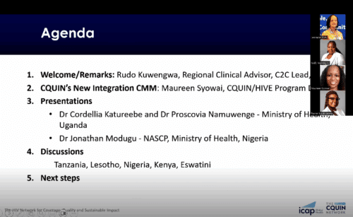 A slide titled "Agenda" lists five items with speakers’ names and organizations, including welcomes, integration, presentations from Uganda and Nigeria, discussions involving five countries, and next steps; four speaker photos are on the right.