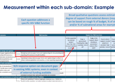A sample table for measuring sub-domains in HIV M&E functions, with highlighted boxes and arrows explaining how each question addresses a function and notes about documenting funding gaps with an N/A response.